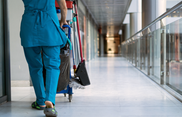 scrubs cleaning cart in empty hall