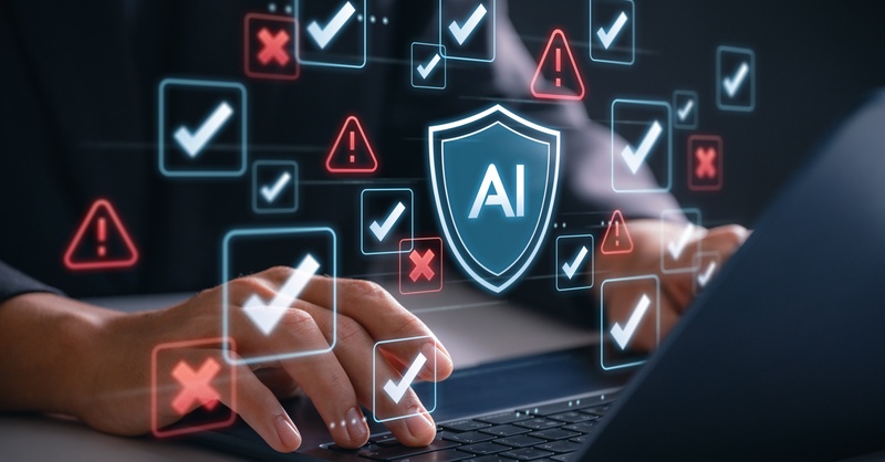 Person using a laptop with AI security shield, validation checkmarks and risk warning icons representing artificial intelligence governance and risk management.