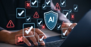 Person using a laptop with AI security shield, validation checkmarks and risk warning icons representing artificial intelligence governance and risk management.