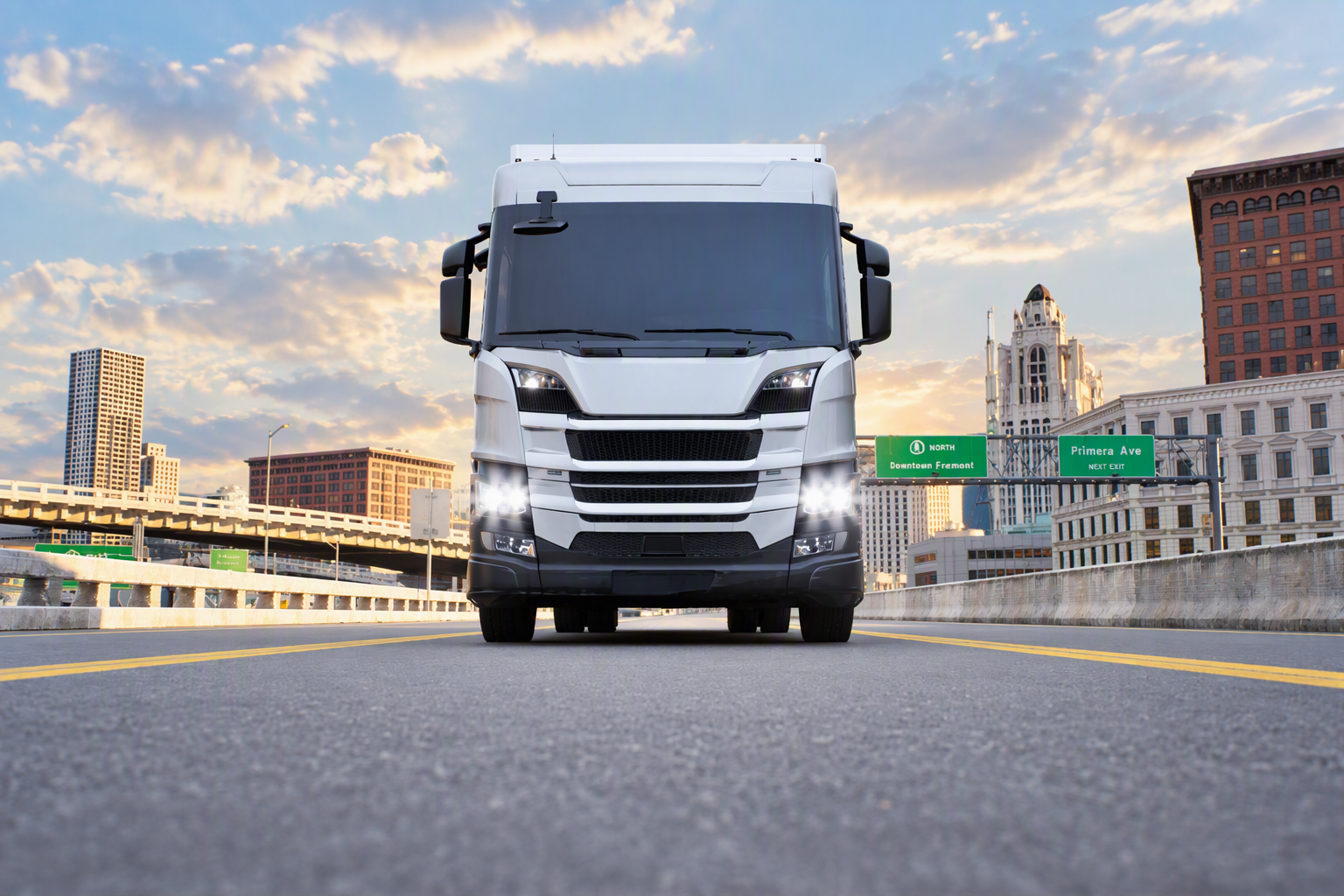 White semi-truck driving on a city highway with downtown buildings in the background.