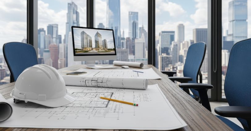 An engineering office desk with architectural blueprints, a hard hat, rolled plans and a computer monitor displaying a building design. Large windows overlook a city skyline, highlighting a professional planning and design setting.