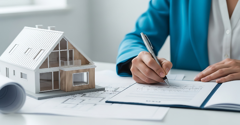 A person reviewing and signing a document at a desk beside an architectural model of a house and construction plans, representing contract review and planning in a professional design or real estate setting.