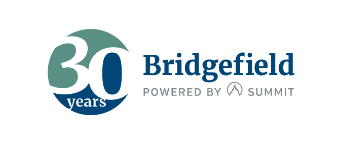 Bridgefield logo featuring ‘30 years’ in a teal and blue circular design next to the word ‘Bridgefield’ with the tagline ‘Powered by Summit.’