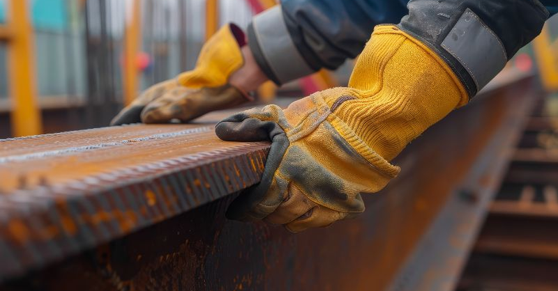 Construction worker wearing protective safety gloves while handling steel materials on a job site, demonstrating construction hand safety, proper PPE glove use, and hand injury prevention through a 100% glove policy.