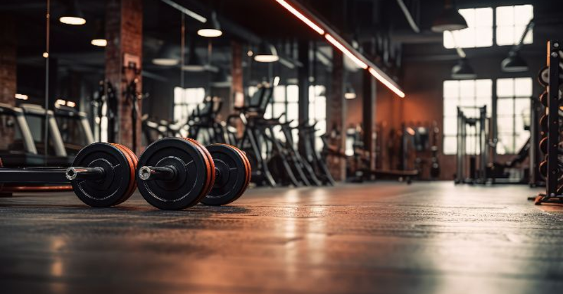 Dumbbells resting on a gym floor in a modern fitness center with organized equipment, clear walkways, and bright natural lighting supporting safe operations and injury risk prevention.