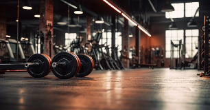 Dumbbells resting on a gym floor in a modern fitness center with organized equipment, clear walkways, and bright natural lighting supporting safe operations and injury risk prevention.