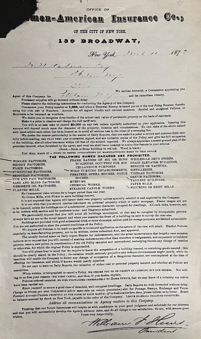 Letter signed by President William Heins