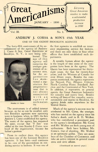 Andrew J. Corsa & Sons 45th year advertisment
