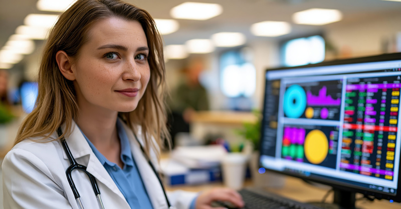 Health care professional reviewing data dashboards on a computer monitor.