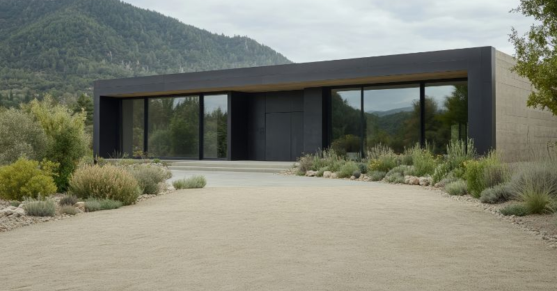 Modern home with fire‑resistant landscaping, including a gravel driveway, low vegetation and wide spacing near the structure