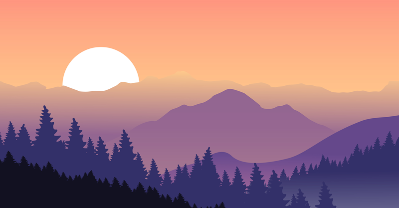 Illustration of a sunset over a forested mountain range