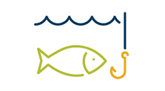 Fish with fishing hook in water icon