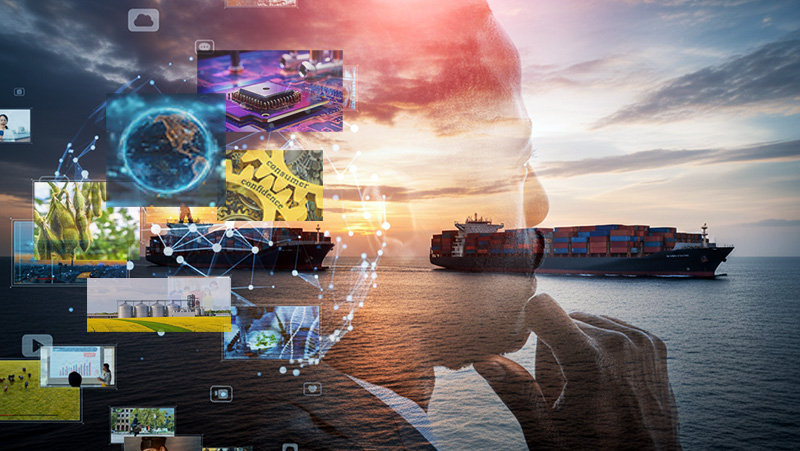 Visual representation of connected global commerce, combining supply chain logistics, technology, and data-driven decision making