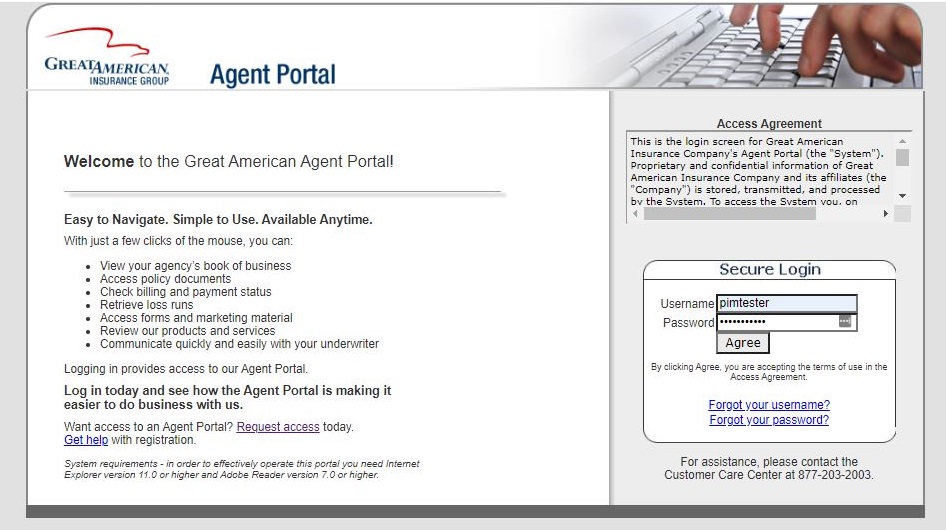 Agent Portal login screen