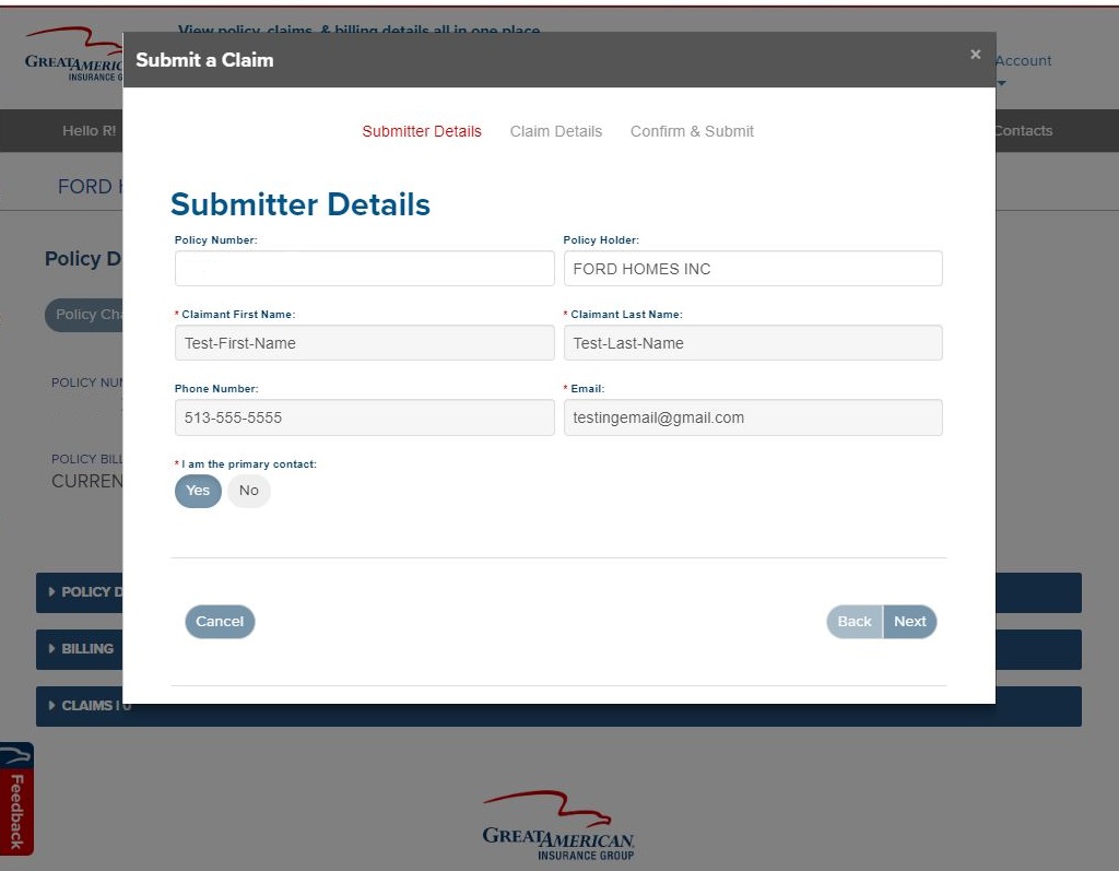 Agent Portal submitter details screen