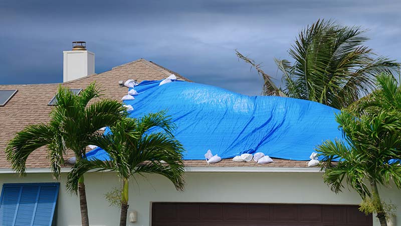 Damaged roof in a storm