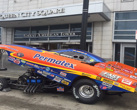 Jay Blake's racecar in front of Great American Tower