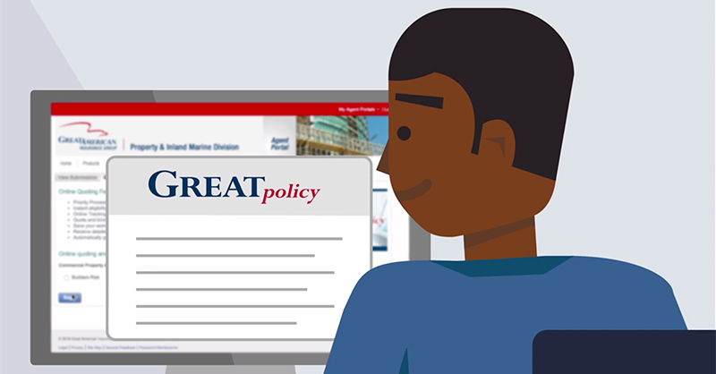 Greatpolicy video screen, character looking at computer monitor